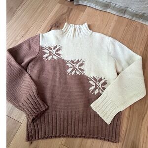 Handmade Snowflake Sweater Womens M Brown Cream Colorblock Mock Neck Winter Knit